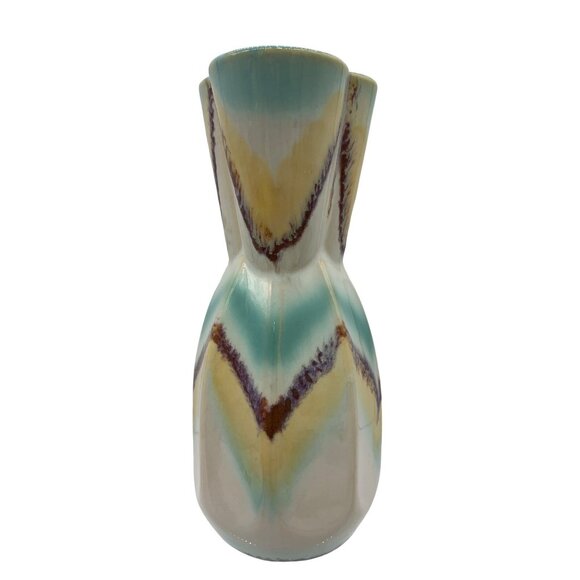 Retro Chevroned Bud Vase Gossy Ceramic Boho - Picture 2 of 13